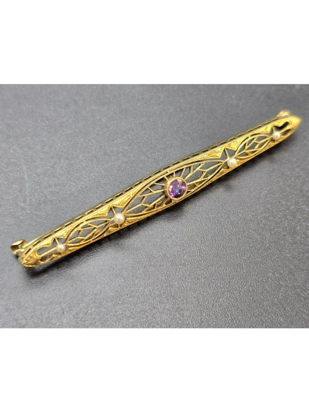 14K Gold Filigree Bar Pin Brooch With Amethyst & Seed Pearls HS303